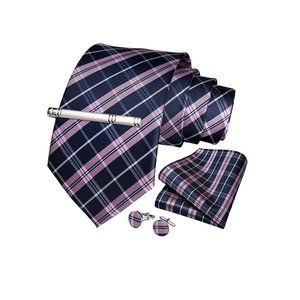 Men's Silk Tie + Pocket Square + Cufflinks + Tie Clip 4 Piece Set
